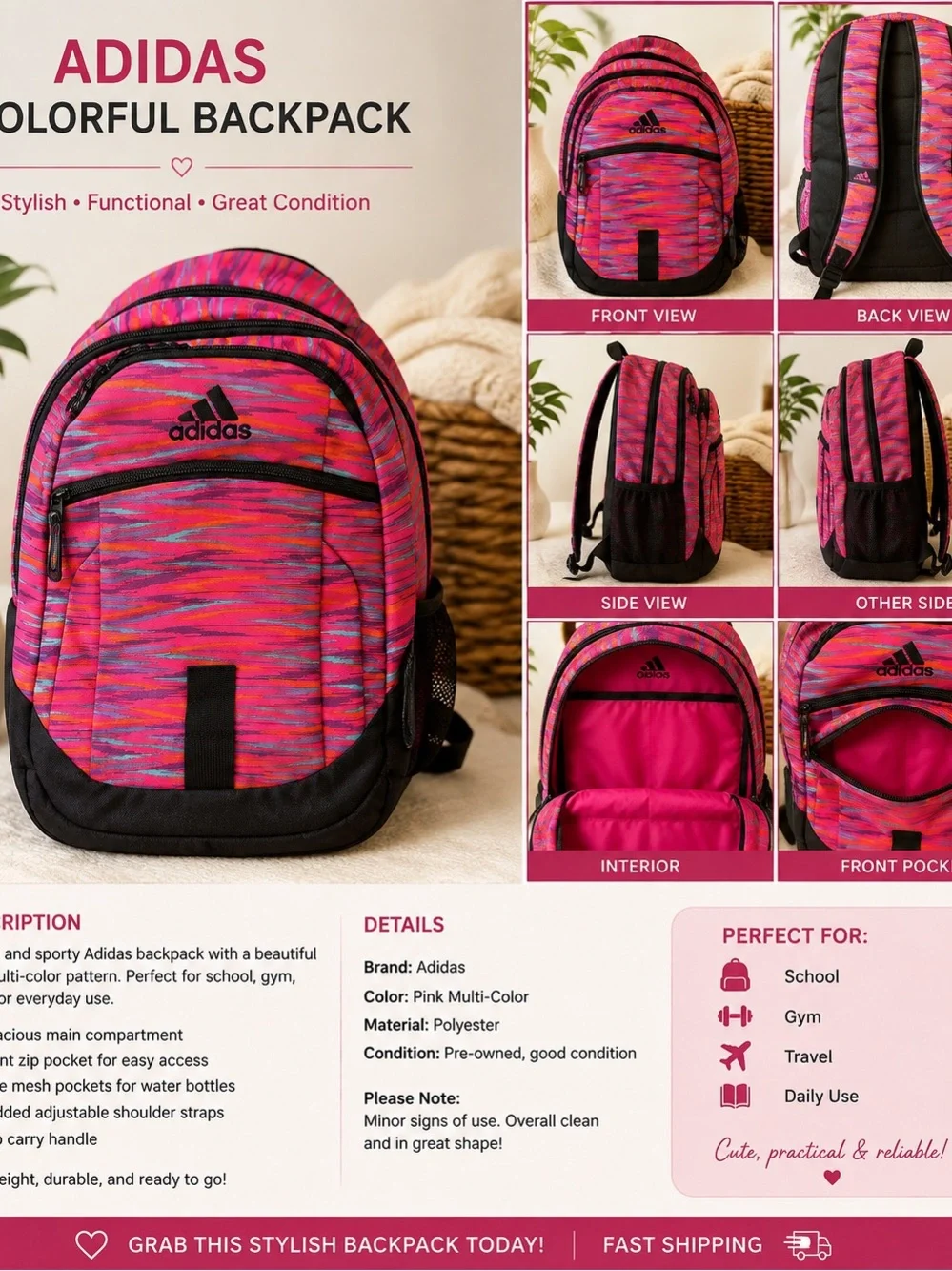 adidas Pink Multi-Color Kids Backpack with Black Base